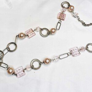 Vintage Long Pearl & Pink Glass Necklace 85 cm No Clasp Art Jewelry